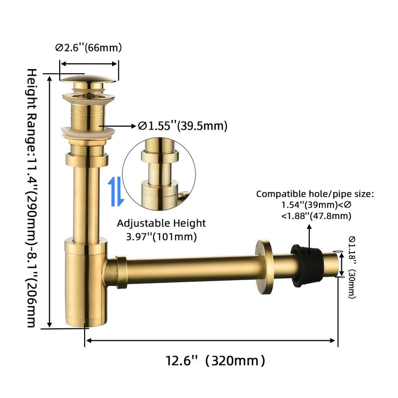 GORDEE Bathroom Sink Stopper P-Trap Complete Set Adjustable 1-1/4 Bottle Trap Solid Brass Sink Drain Kit Tube and Pop Up Drain Stopper Set Without Overflow, Brushed Gold - Image 3